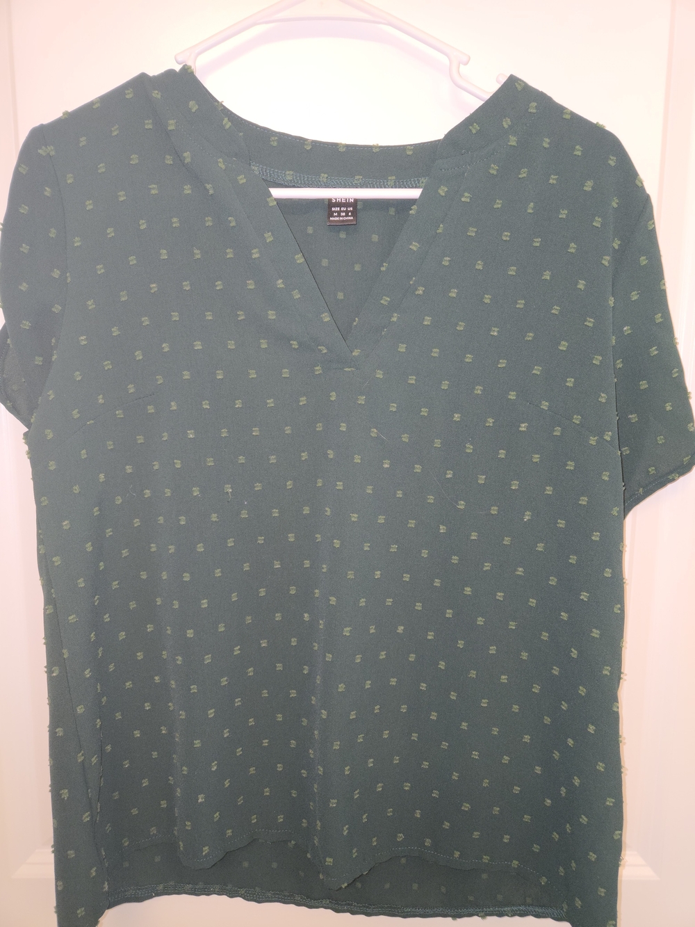 SHEIN Dark Green Short Sleeve V-Neck Blouse with Subtle Dot Print